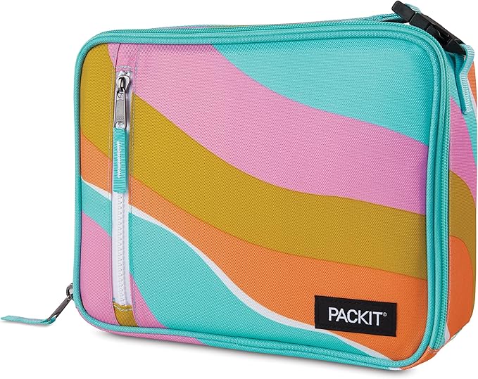 PackIt Freezable Classic Lunch Box, Retro Wave, Built with EcoFreeze Technology, Collapsible, Reusable, Zip Closure With Zip Front Pocket and Buckle Handle, Designed for Fresh Lunch On the Go