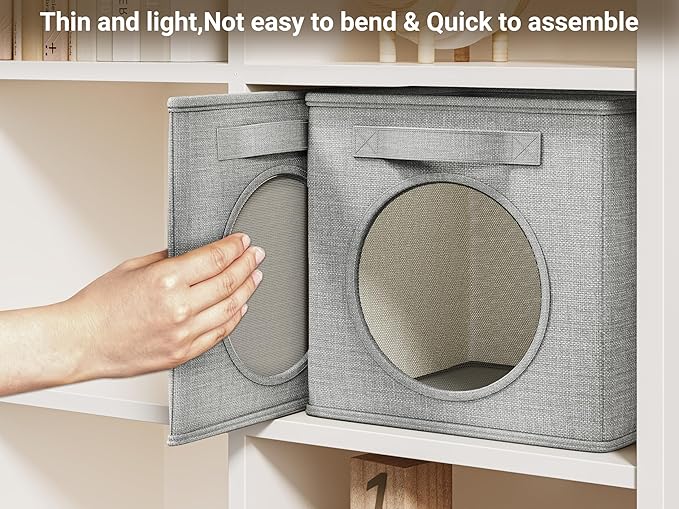 Vailando Ultra Thick Fabric Foldable Storage Bins with Round Window - 11 Inch Cube Storage Organizer for Clothes, Shelves, Offices, Toys & Misc, Light Gray, 4 Pack