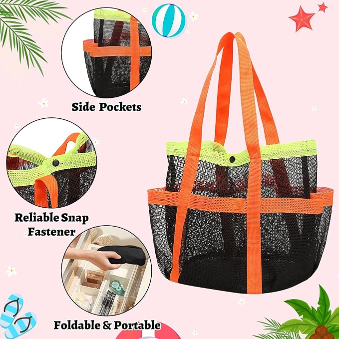 Mesh Beach Bag, Foldable Waterproof Sandproof Beach Storage Tote with 6 Pockets, Swim Tropical Vacation Pool Essential
