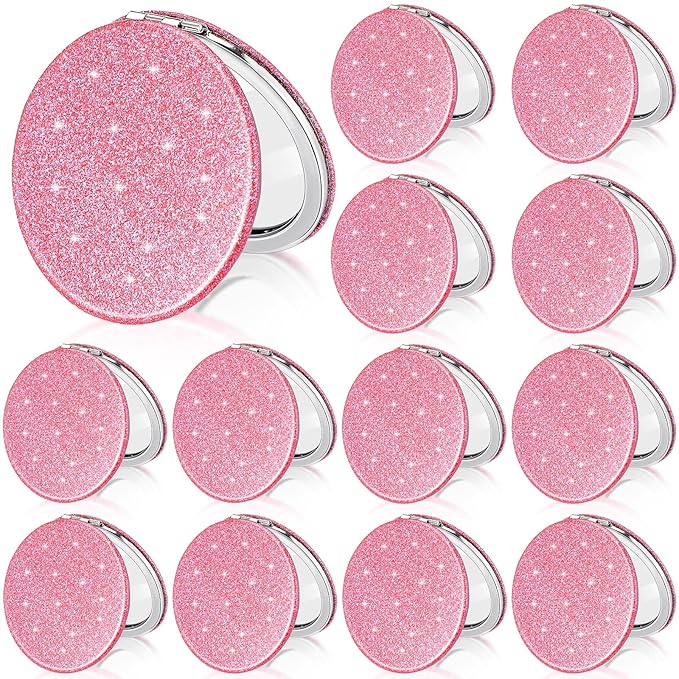 Weysat 12 Pcs Cute Pink Compact Mirrors for Women Galentine's Day, Small Magnifying Travel Makeup Mirror with Glitter, Mini Double-Sided Portable 2x/1x Magnification Folding Pocket, PU Leather, Gift