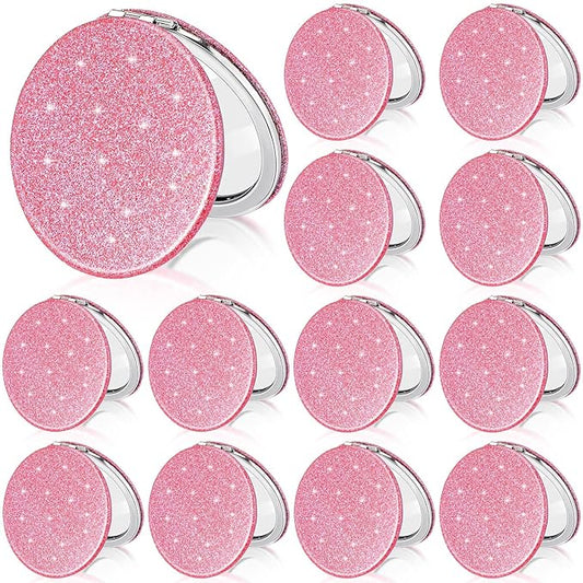 Weysat 12 Pcs Cute Pink Compact Mirrors for Women Galentine's Day, Small Magnifying Travel Makeup Mirror with Glitter, Mini Double-Sided Portable 2x/1x Magnification Folding Pocket, PU Leather, Gift