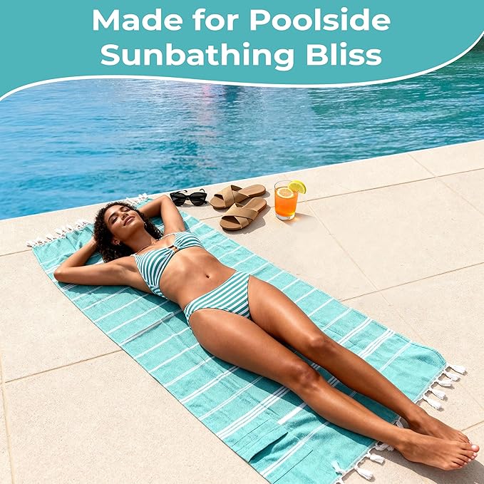 Turkish Beach Towel with Hidden Zipper Pocket 100% Cotton Oversized 72 x 37 Inches Quick Dry Sand Free Lightweight Compact for Beach, Pool, Travel, Bath, and Yoga (Light Turquoise)