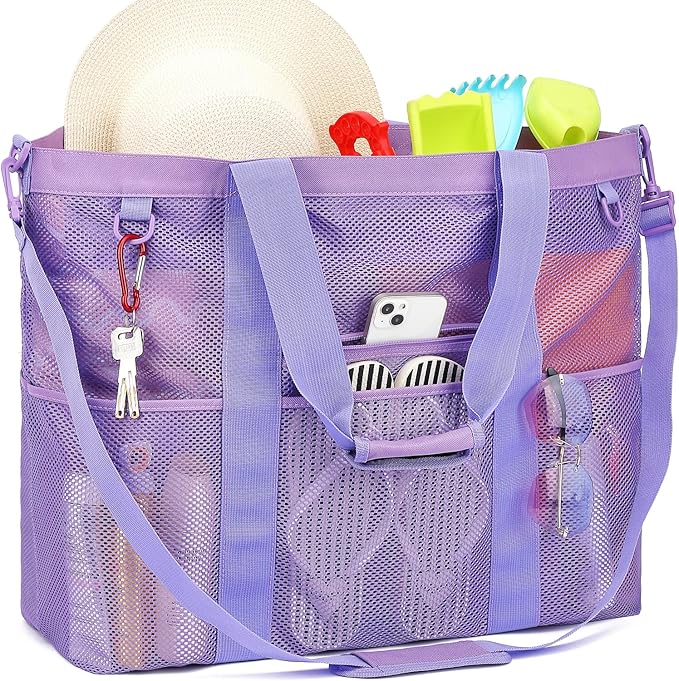 Mesh Beach Bag, Large Beach Tote with Zipper Pocket, Toys Pool Bag for Family Travel Vacation Cruise Essentials