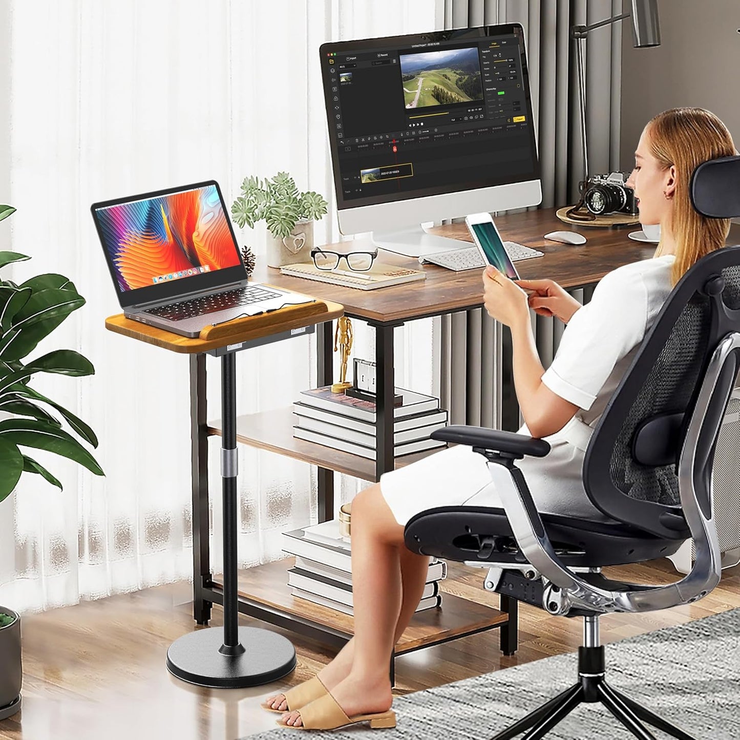 2 in 1 Dual-use Laptop Floor Stand & Laptop Stand for Desk, Solid Wood Portable Small Standing Desk with Adjustable Height from 16.5" to 51", Tall Portable Table for Office, Home, Study, Entertainment