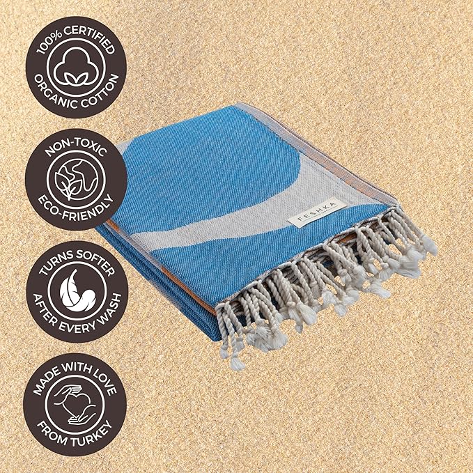 FESHKA Sand Free Turkish Beach Towel (37 x 67) Quick Dry Bath Towel, Oversized Beach Blanket, Lightweight for Travel - Made with 100% Organic Turkish Cotton - Synergy (Blue/Orange)