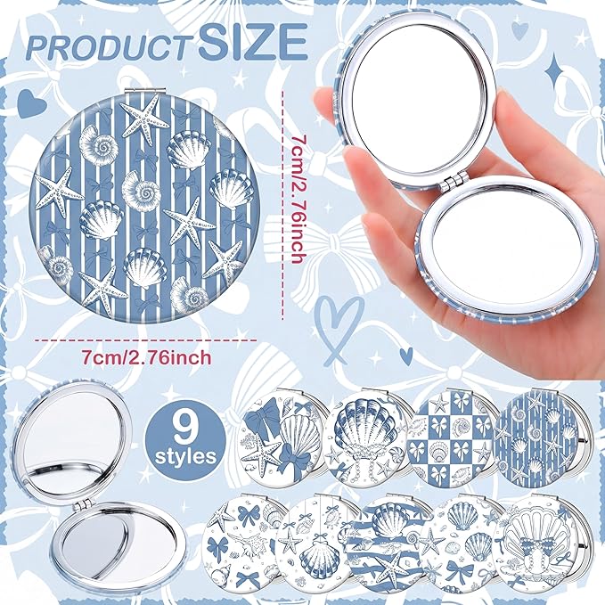 Weysat 9 Pcs Seashell Bow Compact Mirrors Bulk Double Sided Magnifying Makeup Mirrors with PU Leather Case Blue and White Coastal Design Portable Pocket Mirror for Women Girl Beach Party Gifts