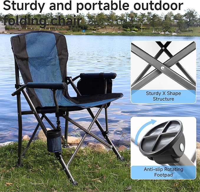 Folding Camping Chair with Cup Holder and Storage Bag, Heavy Duty Support 400 LBS, Oversized Collapsible Portable Camping Chair for Outdoor Camp, Picnic, Travel, Fishing Blue