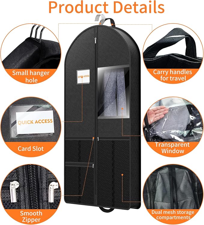 Garment Bag Travel Suit Storage: 54 Inch 3 Packs Fabric Breathable Zippered - Clothes Covers Carry Shoe Pockets Lightweight - Men Travel Wardrobe Protector Hanging Up Multiple