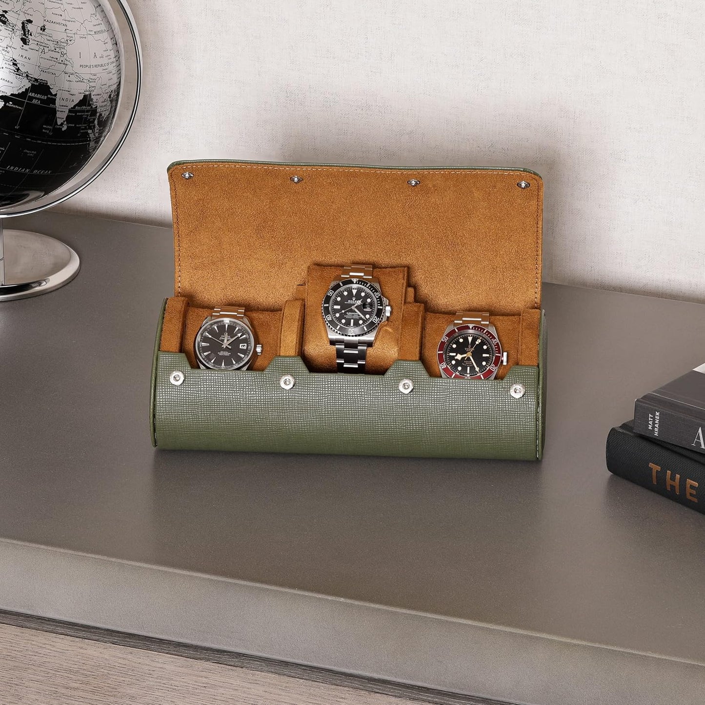 ROTHWELL Watch Roll Travel Case for 3 Watches | Tough Portable Protection, Fits All Wrist Watch & Smart Watches Up to 50mm (Green/Tan)