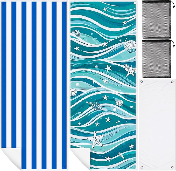 2 Pack Magnetic Beach Towel- 75"x30" Stripe Wave Sand Free Quick Dry Microfiber Towel with Built-in Magnets Lightweight for Beach Chair Car Door Pool Travel Camping Yoga with Storage Bag