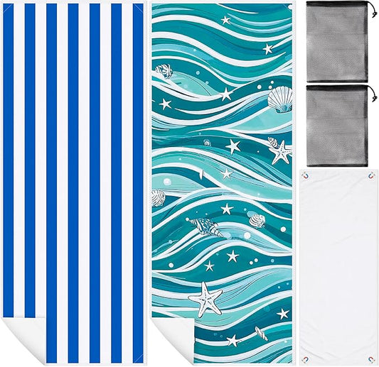 2 Pack Magnetic Beach Towel- 75"x30" Stripe Wave Sand Free Quick Dry Microfiber Towel with Built-in Magnets Lightweight for Beach Chair Car Door Pool Travel Camping Yoga with Storage Bag