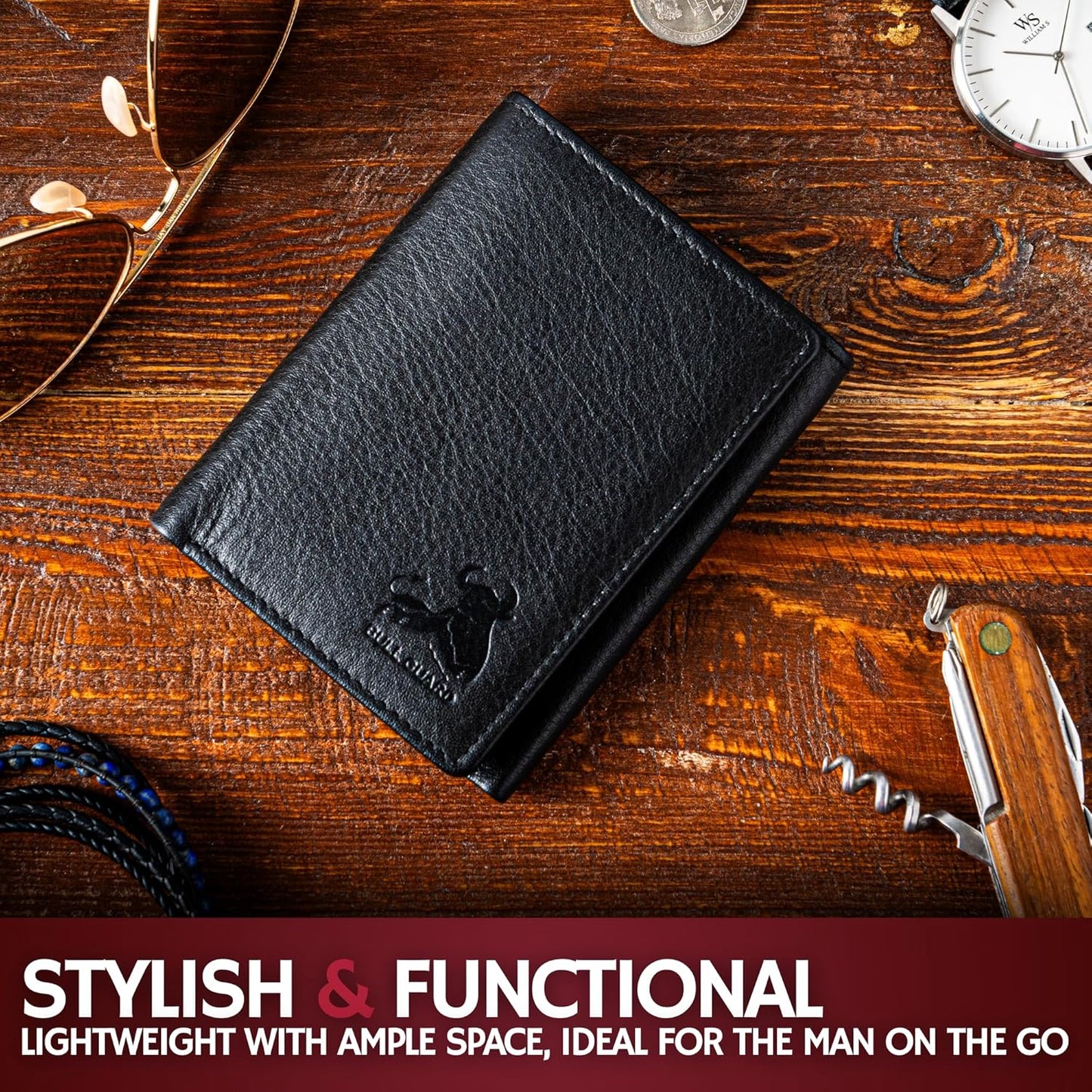 BULL GUARD Mens RFID Wallet, Black Top Grain Genuine Leather, ID and Secret Pocket, Trifold for Work, Sport, Outdoors