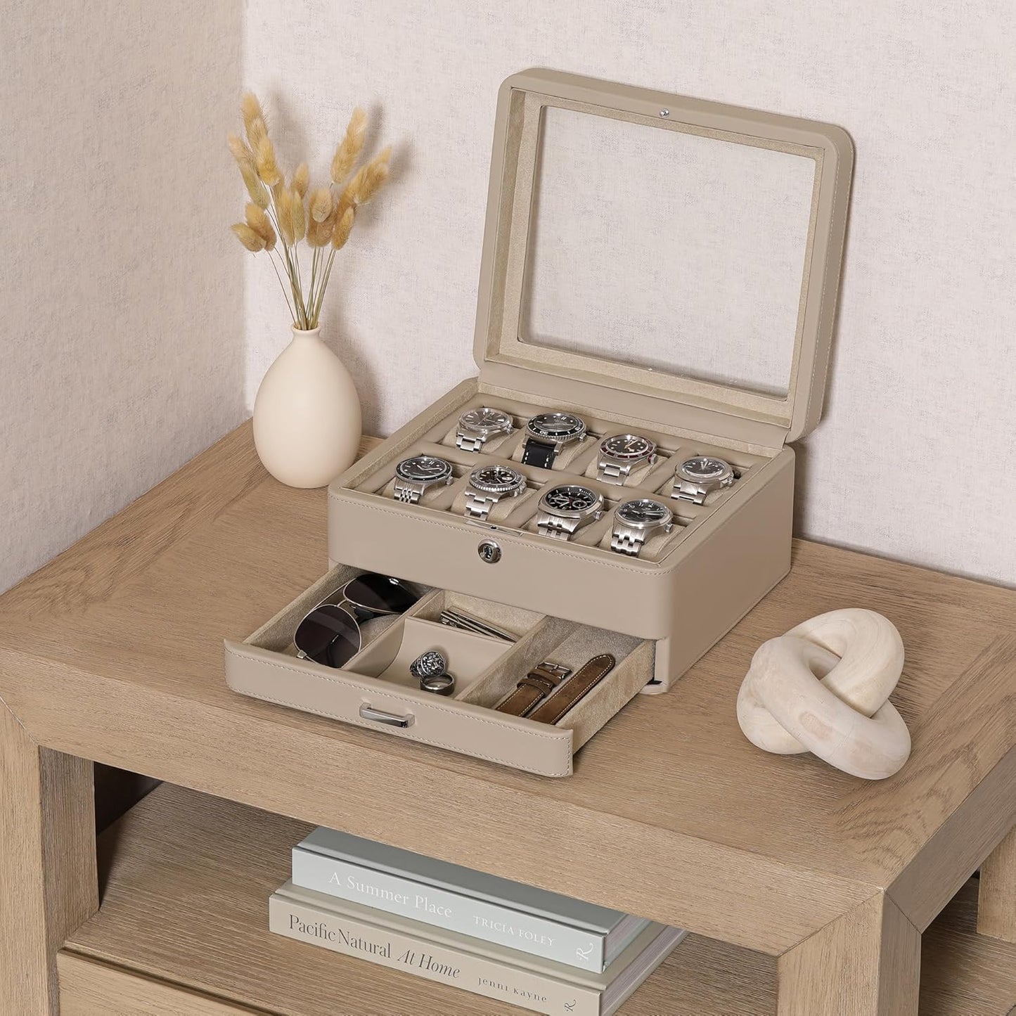 ROTHWELL 8 Slot Leather Watch Box with Valet Drawer - Luxury Case Display Jewelry Organizer, Locking Display Case Holder with Real Glass Top - Watch Box Organizer for Men & Women (Oatmeal)