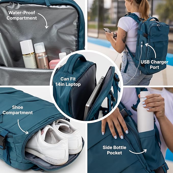 (Not Made In China) Travel Backpack For Men and Women, Airline Approved Carry On Bag w/Shoe Compartment, Holds 15.6" Laptop, USB Charging Port (Columbus, Peacock Blue, 2 Pack)