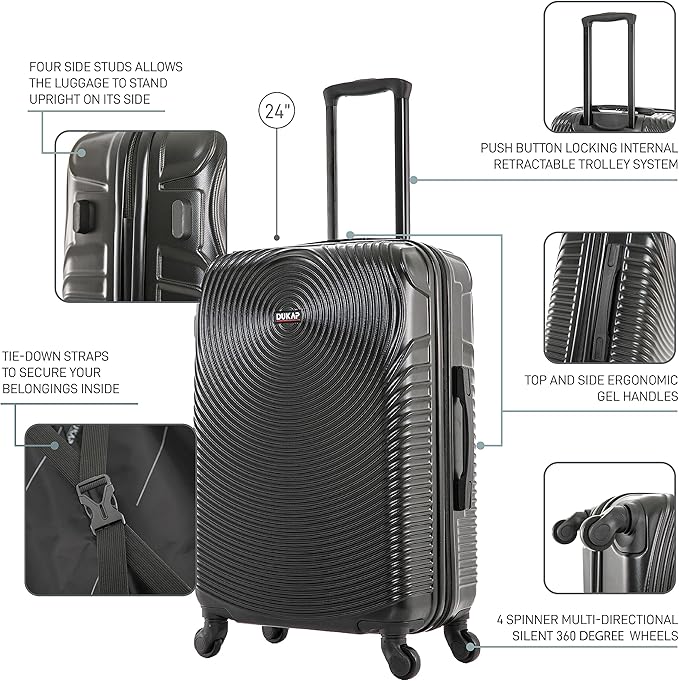 DUKAP INCEPTION Luggage with Spinner Wheels | Durable Lightweight Hardside Suitcase, Travel Bag with Handle and Trolley, 24-Inch Medium Checked Luggage | Black