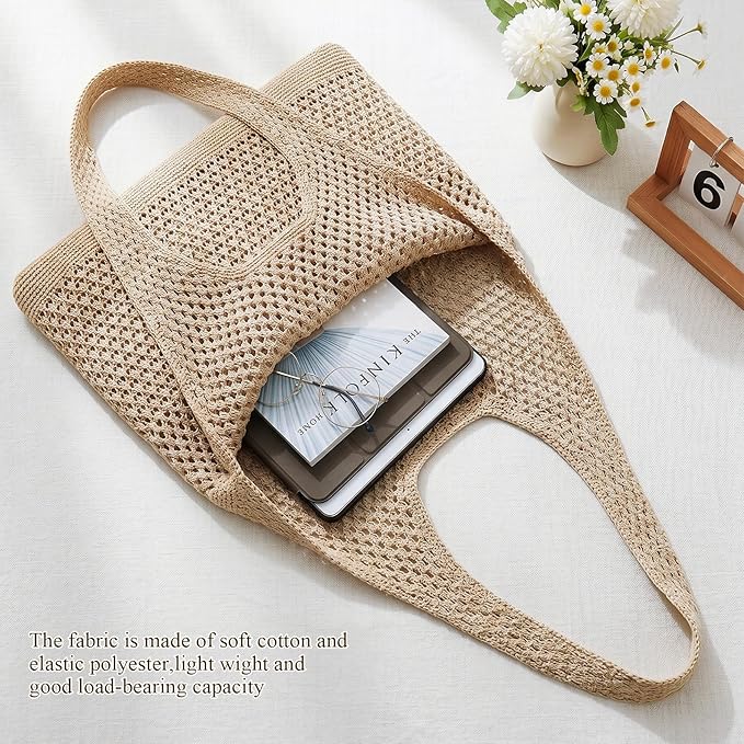 SUOSDEY Crochet Mesh Beach Tote Bag, Knit Summer Vacation Aesthetic Boho Tote Bag for Women