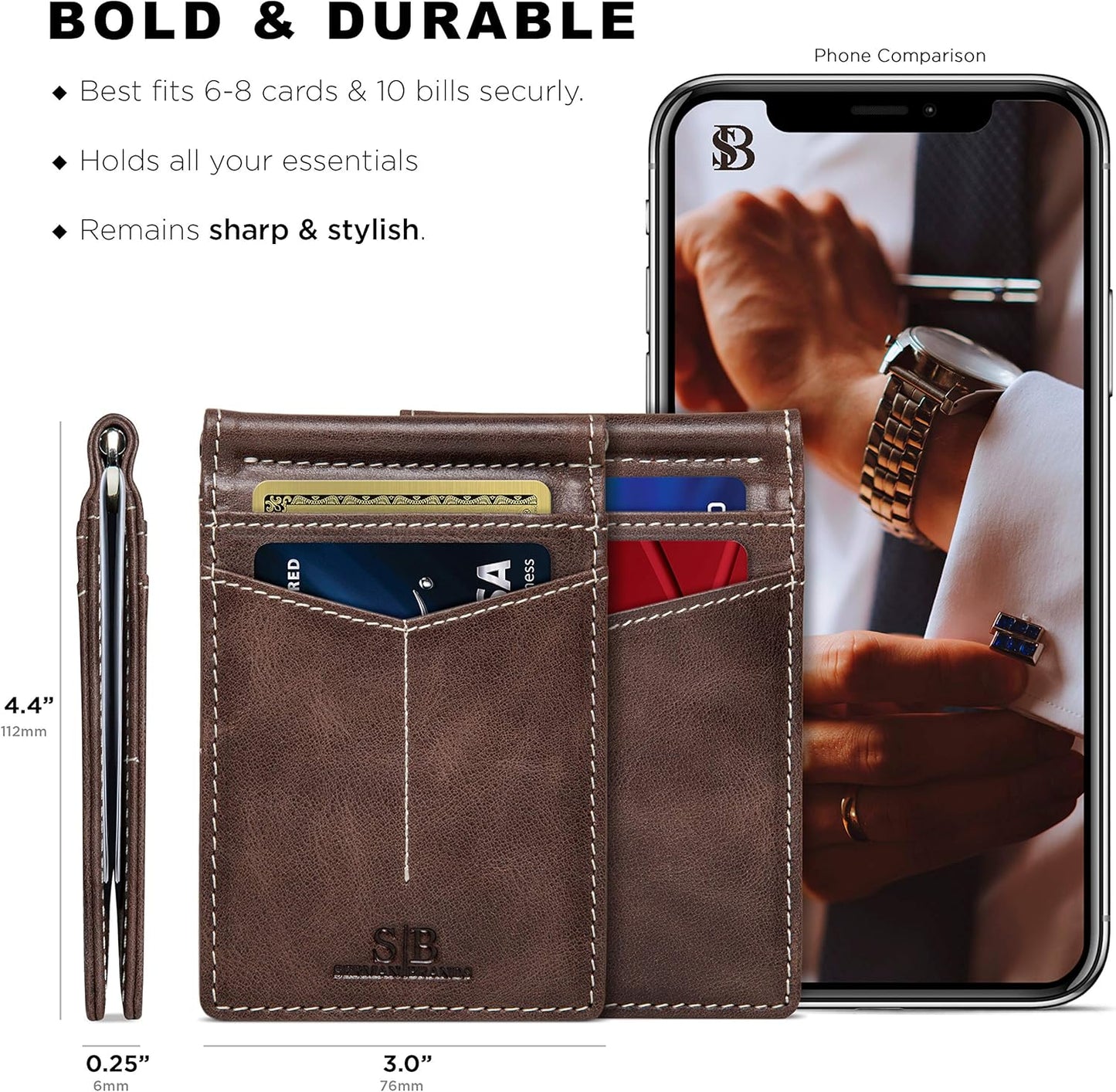 SERMAN BRANDS RFID Blocking Wallet Slim Bifold - Genuine Leather Minimalist Front Pocket Wallets for Men with Money Clip Gift