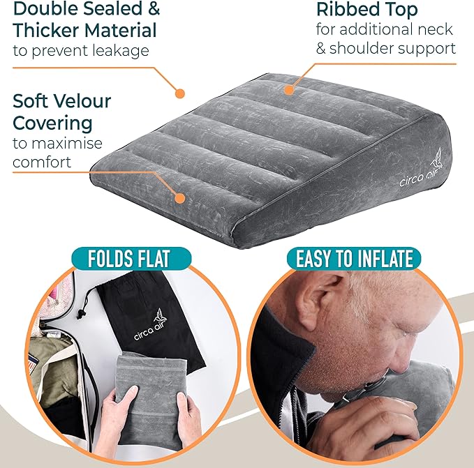 Circa Air Inflatable Wedge Pillow for Traveling - Travel Wedge Pillows for Sleeping in Bed, Acid Reflux, Sleep Apnea, Snoring for Back, Knee, Leg Elevation and Side Sleepers, Blow up Cushion