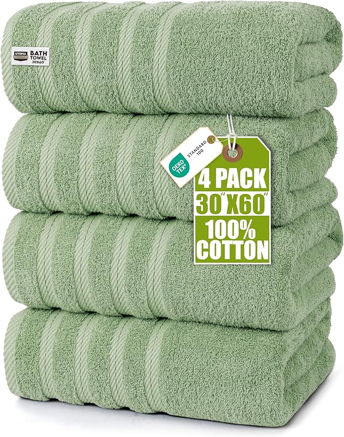 Utopia Towels 4 Pack Premium Extra Large Bath Towels Set, (30 x 60 Inches) 100% Ring Spun Cotton, Lightweight and Highly Absorbent Quick Drying Towels, Perfect for Daily Use (Sage Green)