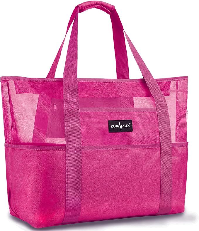Mesh Beach Bag - Large Waterproof Beach Tote Bag with Zipper, Oversized Foldable Lightweight Family Swim Bag Vacation