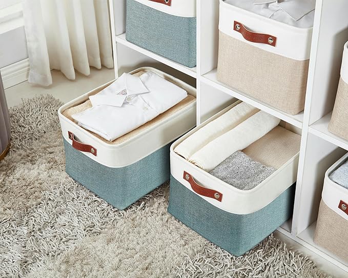 DECOMOMO Storage Baskets for Shelves - Fabric Storage Bins, Linen Closet Organizers and Storage (Green & White, Large - 4 Pack)