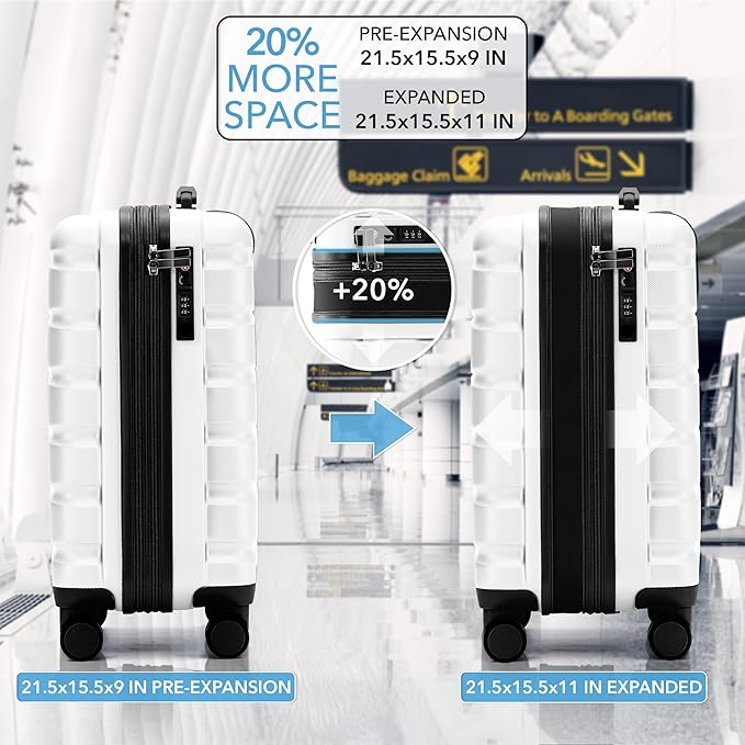 Flight Knight 21.5x15.5x9 Expandable Carry On Suitcase Hardside TSA Lock & USB C Port Lightweight Luggage Silent Double Spinner Wheels Maximum Canada Air Overhead Bag Airlines Approved White