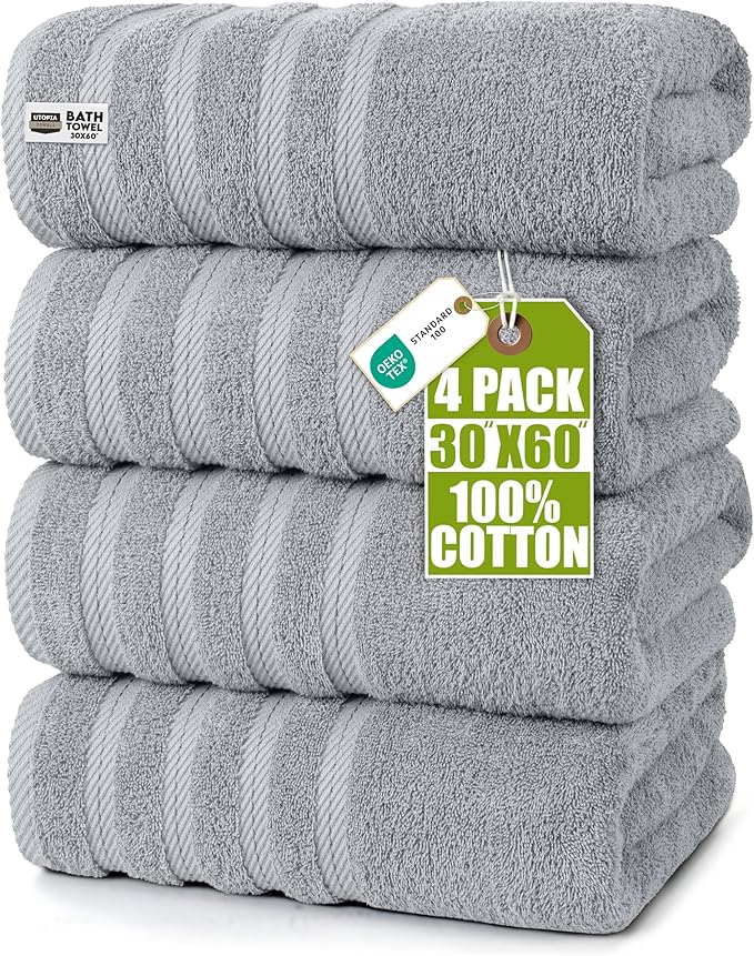 Utopia Towels 4 Pack Premium Extra Large Bath Towels Set, (30 x 60 Inches) 100% Ring Spun Cotton, Lightweight and Highly Absorbent Quick Drying Towels, Perfect for Daily Use (Cool Grey)