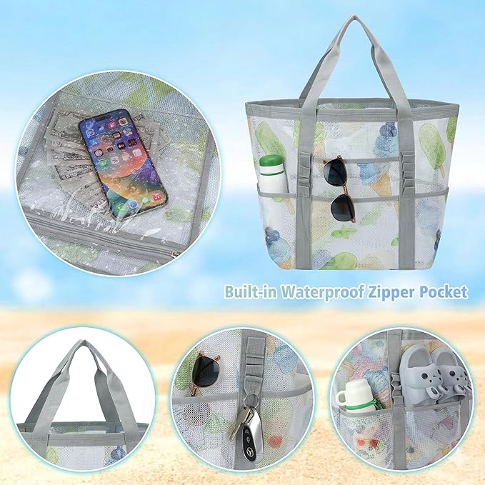 Mesh Beach Bags for Women - Family Beach Tote Bag for Toys, Towels, Travel Vacation Cruise Essentials