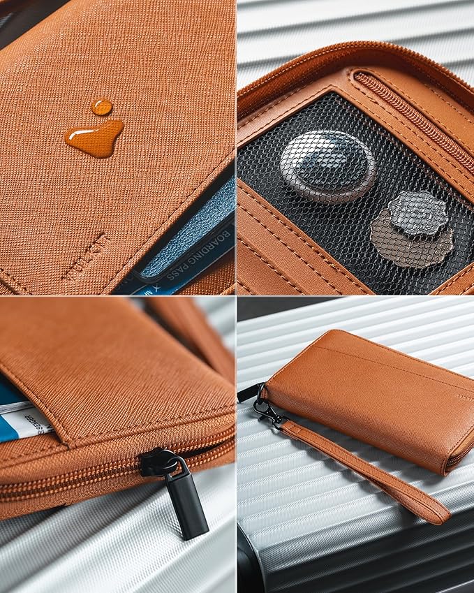 VULKIT Leather Passport Wallet RFID Blocking with Wrist Strap, Travel Document Organizer - 6 Credit Card Slots, 2 Interior + 2 Exterior Passport Slots, 2 ID Windows, Zipper Closure, Brown