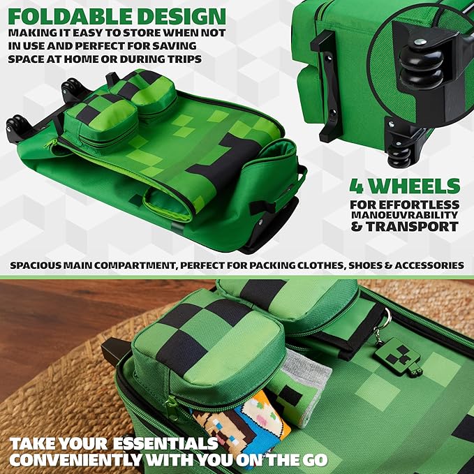Minecraft Kids Luggage with Wheels Foldable Rolling Suitcase Creeper Travel Bag Vacation Weekend Trips Travel Essentials (L25.2inch x W9.8inch - 17L, Green)