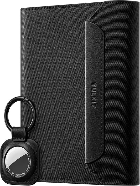 VULKIT Passport Wallet with Detachable AirTag Holder, Vegan Leather Passport Holder, RFID Blocking, Travel Essential, Magnetic Closure, Black