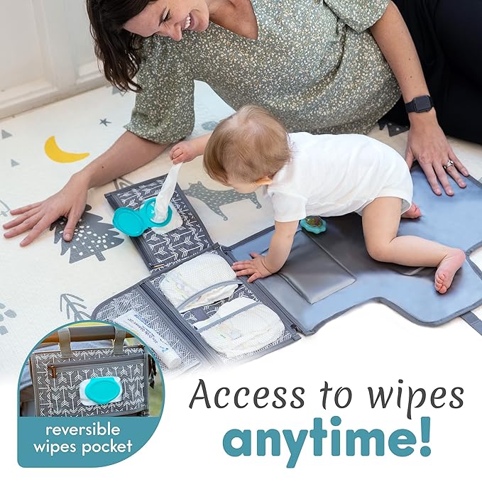 Kopi Baby Portable Diaper Changing Pad-Baby Diaper Changer Travel Bag with Wipes Pocket, Smart Design Portable Changing Mat, Infant Travel Station Kit,Gift for Newborn Girl & Boy-Grey Arrows, Premium