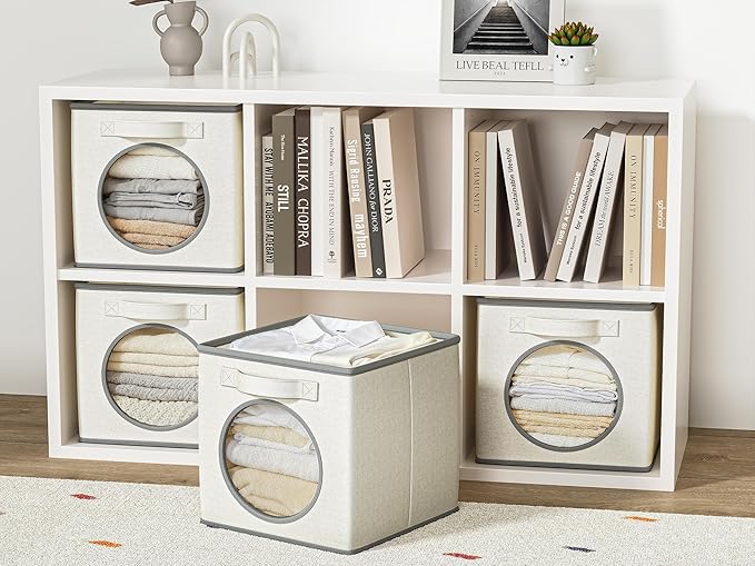 Vailando Ultra Thick Fabric Foldable Storage Bins with Mesh Window - 13 Inch Cube Storage Organizer for Clothes, Shelves, Offices, Toys & Misc, White & Ivory, 4 Pack