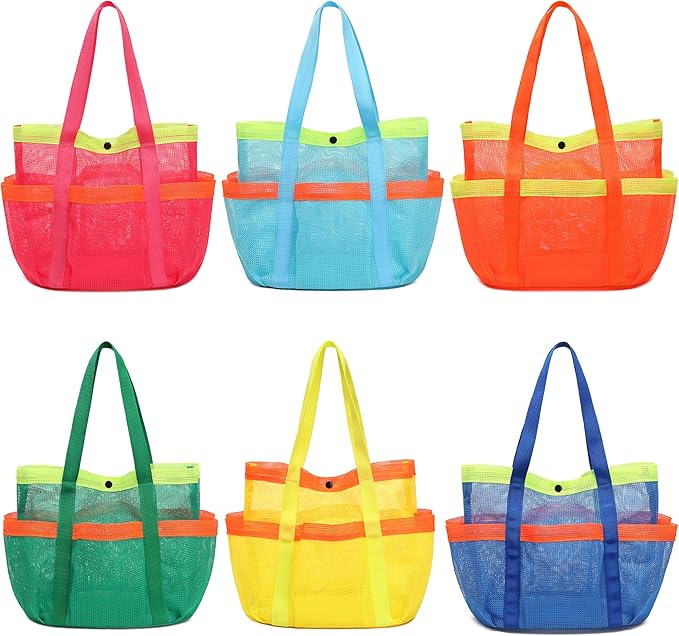 Mesh Beach Bag, Foldable Waterproof Sandproof Beach Storage Tote with 6 Pockets, Swim Tropical Vacation Pool Essential