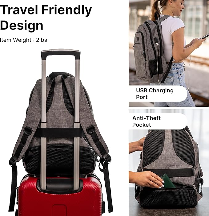 (Not Made In China) Travel Laptop Backpack For Men and Women, Airline Approved Carry On Bag, Holds 15.6" Computer, USB Charging Port (Magellan, Gray, 2 Pack)