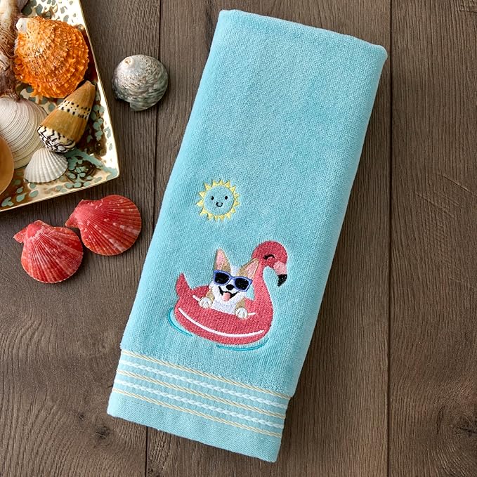 SKL Home Floating Corgi Hand Towel 2pc Set for Bath/Kitchen/Bar & Gift, Aqua