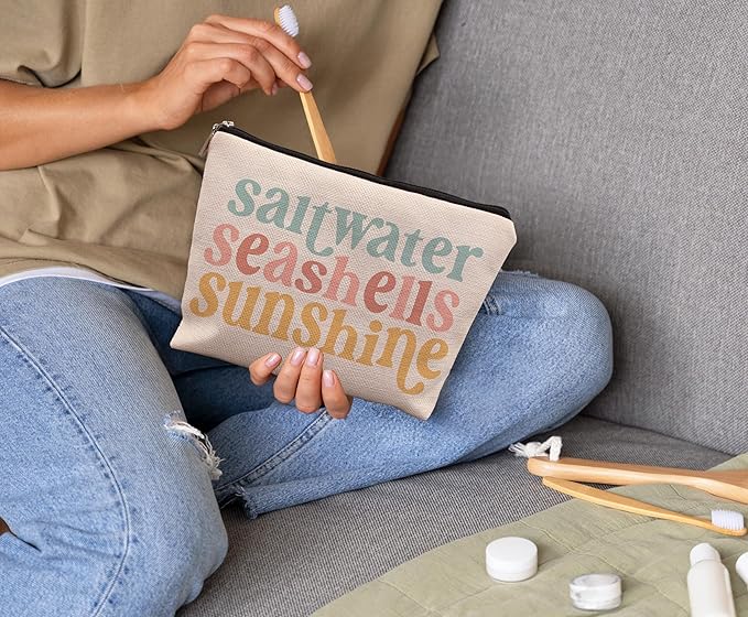 Beach Makeup Bag,Sunscreen Summer Travel Makeup Pouch,Saltwater Seashells Sunshine Travel Cosmetic Zipper Bags for Women,Beach Gifts for Women