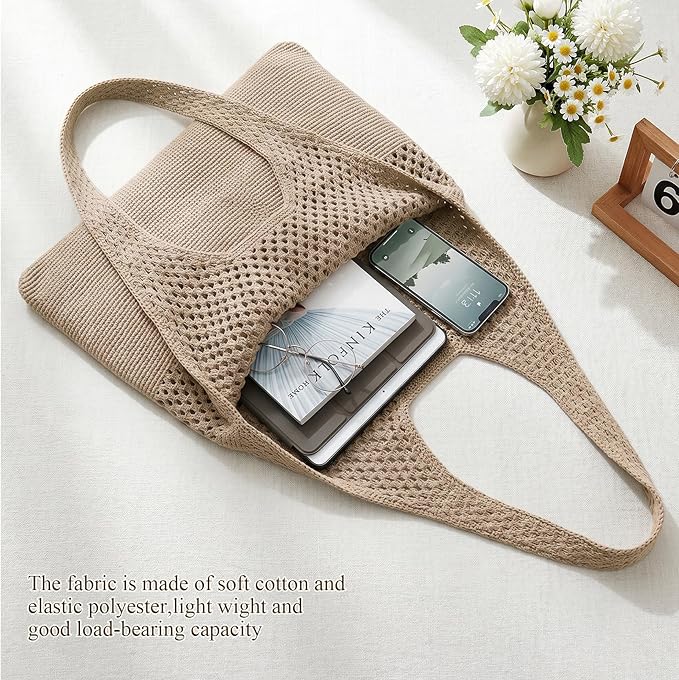 SUOSDEY Crochet Mesh Beach Tote Bag, Knit Summer Vacation Aesthetic Boho Tote Bag for Women
