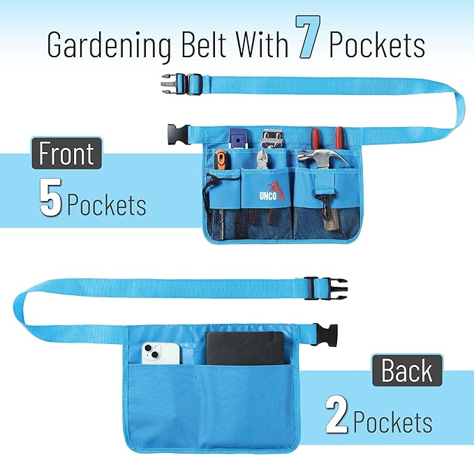 UNCO- Adjustable Gardening Belt, Blue, 5 Pockets, Wear, Cut and Water Resistant, Garden Tool Belt Pouch, Waist Apron with Pockets
