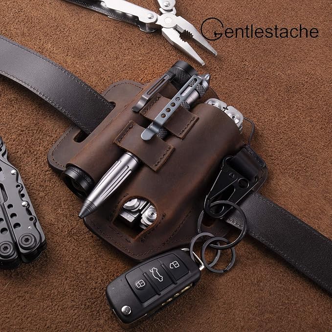 Gentlestache Multitool Belt Sheath, EDC Leather Belt Organizer, Belt Holder with Multitool Pouch, Flashlight Holder, Pen Holder and Keychain Clip, Practical EDC Belt Pouch for Men