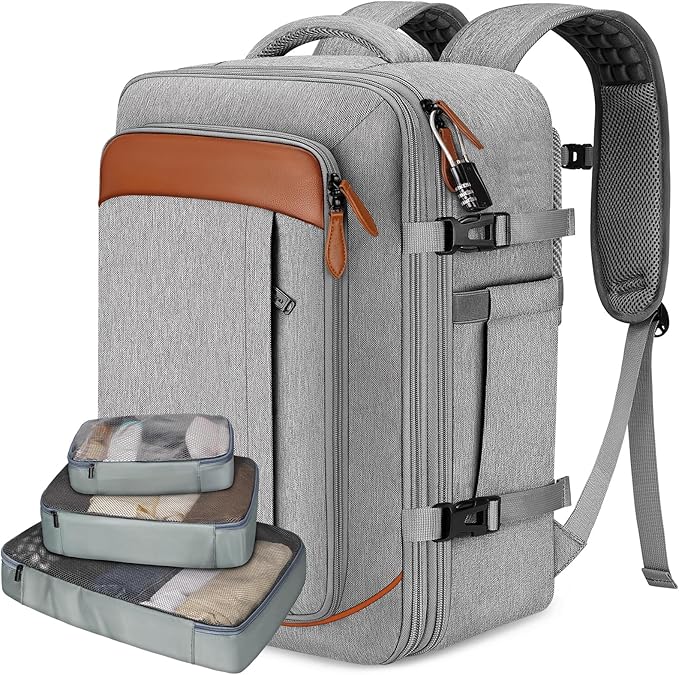 Vancropak Carry on Backpack, Flight Approved 18x14x8 Travel Backpack with 3 Packing Cubes, Expandable Large 40L Travel Bag fits 17.3" Laptop, Anti Theft Luggage Suitcase Weekend for Women Men, Grey