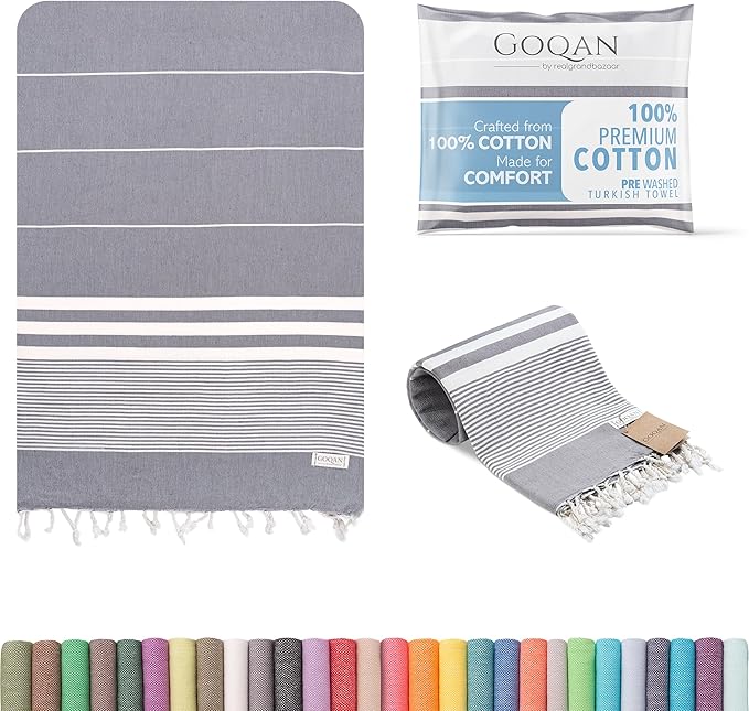 GOQAN Turkish Beach Towel Oversized 39x71 | Thin, Lightweight, 100% Cotton and Sand Free Towel is Suitable for Beach, Bathroom, Pool, Travel & Swim - Dark Grey
