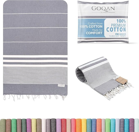 GOQAN Turkish Beach Towel Oversized 39x71 | Thin, Lightweight, 100% Cotton and Sand Free Towel is Suitable for Beach, Bathroom, Pool, Travel & Swim - Dark Grey