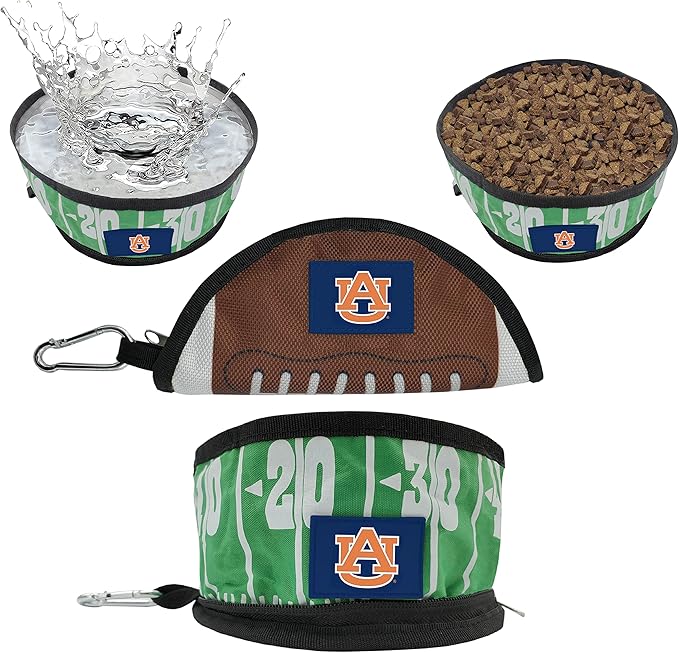 Pets First NCAA Auburn Tigers Collapsible Dog Travel Bowl, Food and Water Bowl for Dogs & Cats. Lightweight Leak-Proof Pet Bowl for Travel with Football Field & Pebble-Grain Design