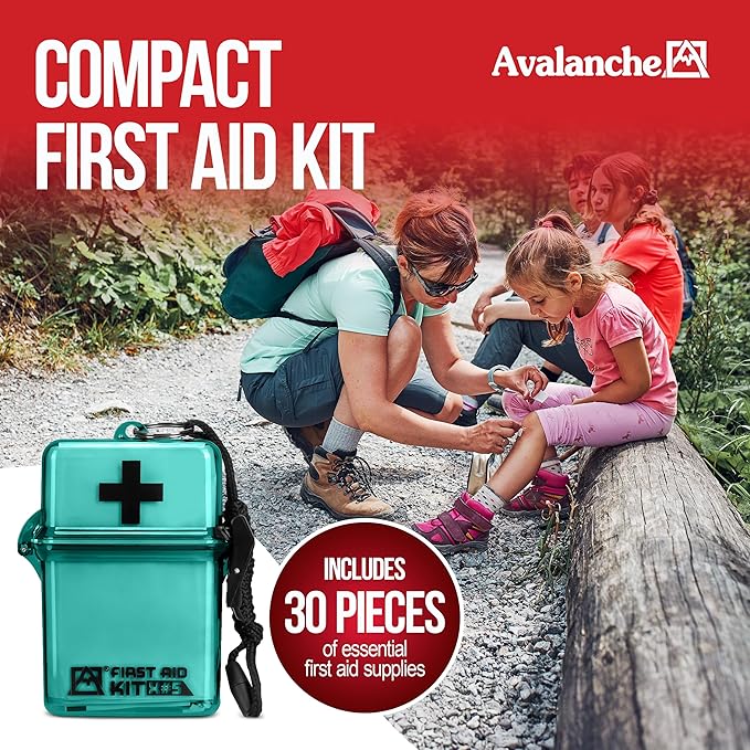 Avalanche Mini First Aid Kit, 30 Pcs Emergency Supplies Kit in Waterproof Case for Home, Car, Travel, Sports or Camping, First Aid Kit in Hard Case & Carabiner, Turquoise