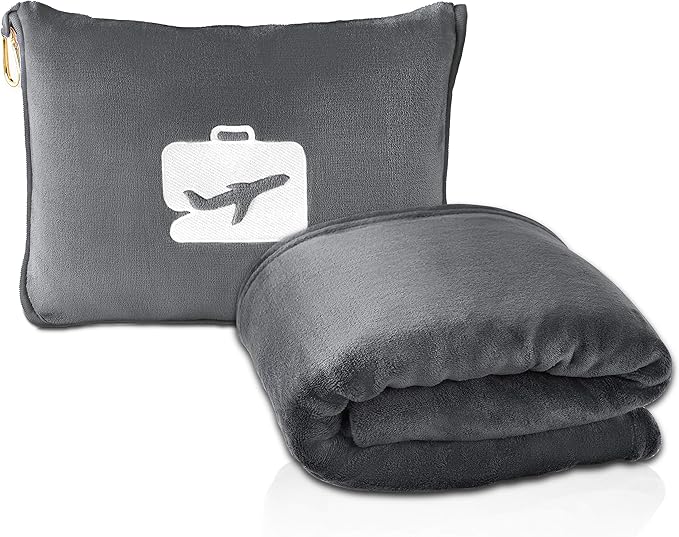 EverSnug Travel Blanket and Pillow - Premium Soft 2 in 1 Airplane Blanket with Soft Bag Pillowcase, Hand Luggage Sleeve and Backpack Clip (Grey)