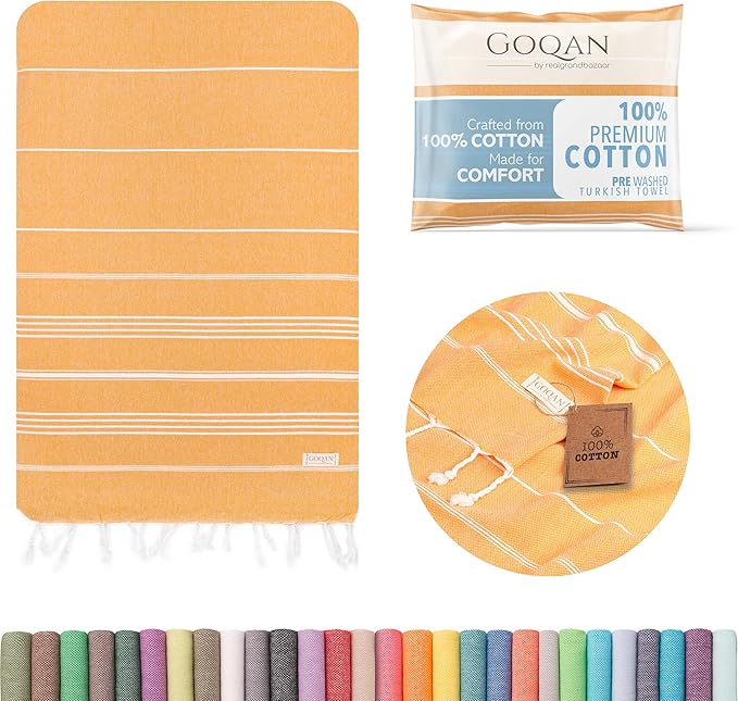 GOQAN Turkish Beach Towel Oversized 39x71 | Thin, Lightweight, 100% Cotton and Sand Free Towel is Suitable for Beach, Bathroom, Pool, Travel & Swim - Orange