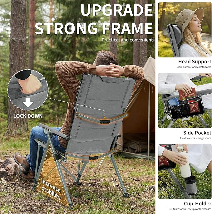 Folding Camping Chair with Cup Holder and Storage Bag, Heavy Duty Support 400 LBS, Oversized Collapsible Portable Adjustable Back Support Camping Chair for Outdoor (Adjustable-Grey)