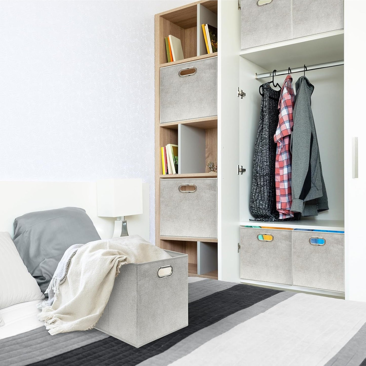 SIMPLE HOUSEWARE 13-Inch Collapsible Fabric Cube Storage Bin with Handles, Printed Design, 3 Pack, Gray