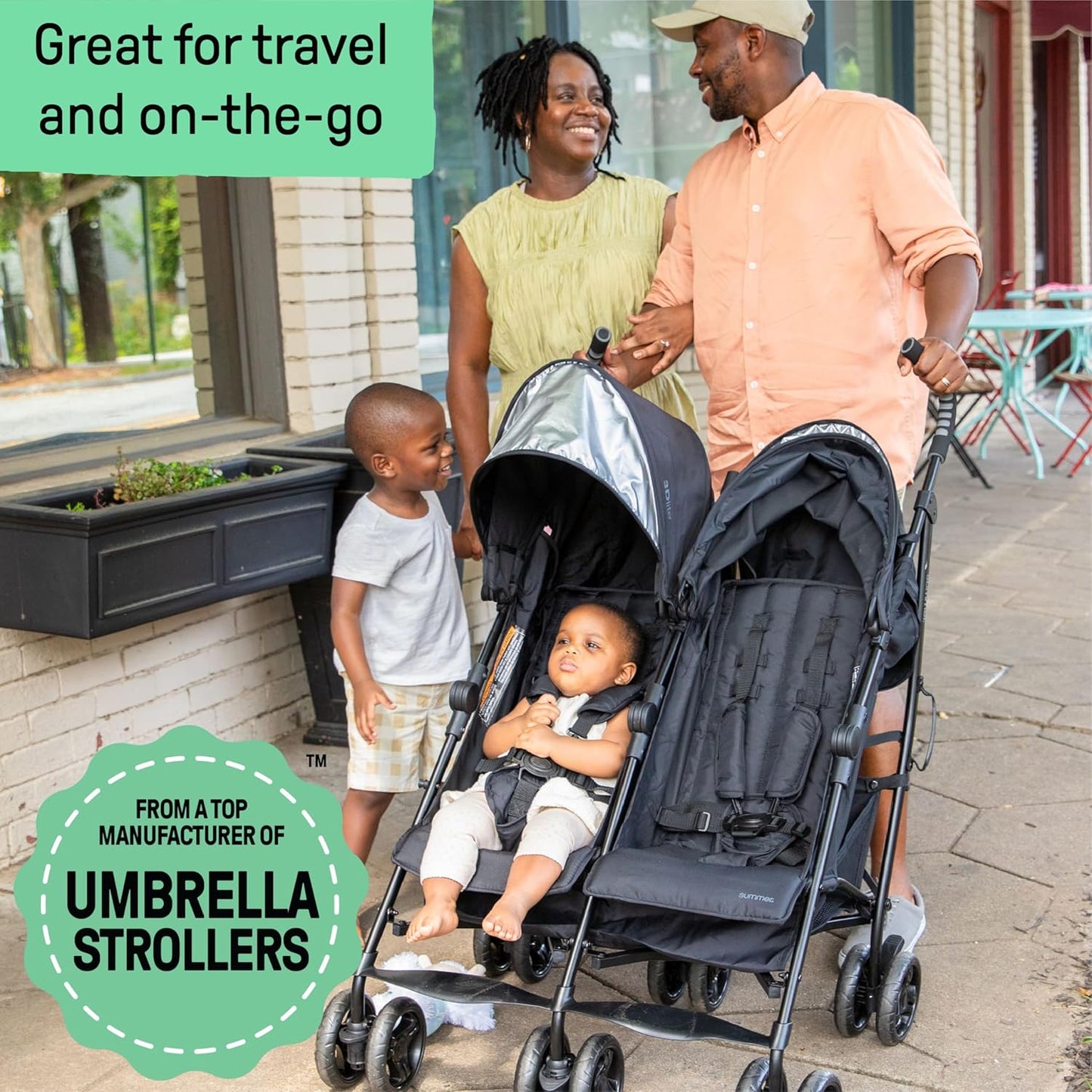 Summer Infant 3Dlite Folding Lightweight Side by Side Double Stroller with 5-Point Safety Harness for Infants and Toddlers, Black